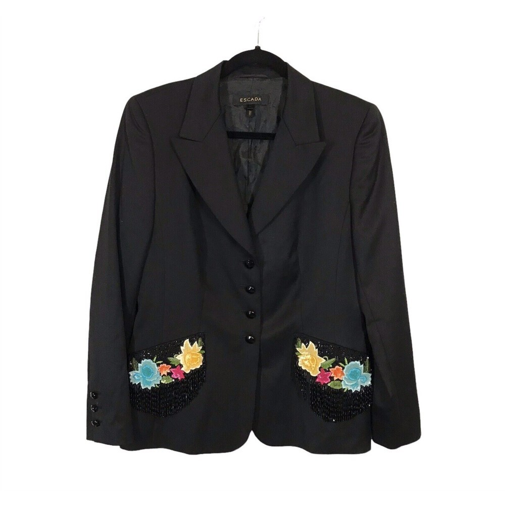 Escada 100% New Wool Black Sequin Beaded Floral Blazer Jacket Women's Size 40